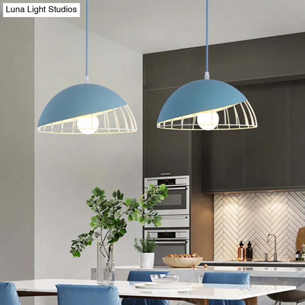 Modern Dining Room Pendant Light With Domed Metal Shade - Black/Blue/Green Suspended Lighting