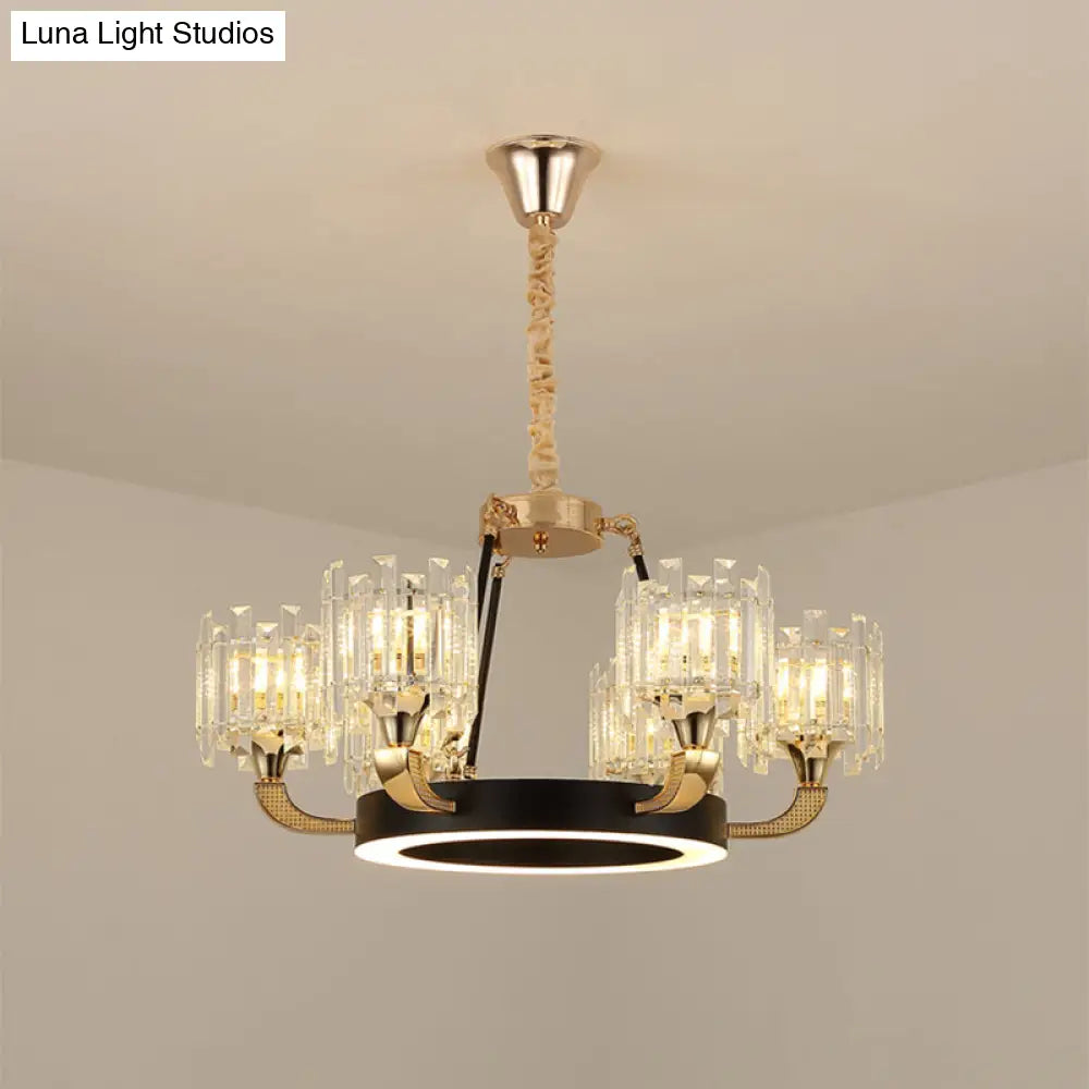 Modern Metal Ring Chandelier With Crystal Shade - 6/8-Bulb Pendant Light For Living Room In Black &