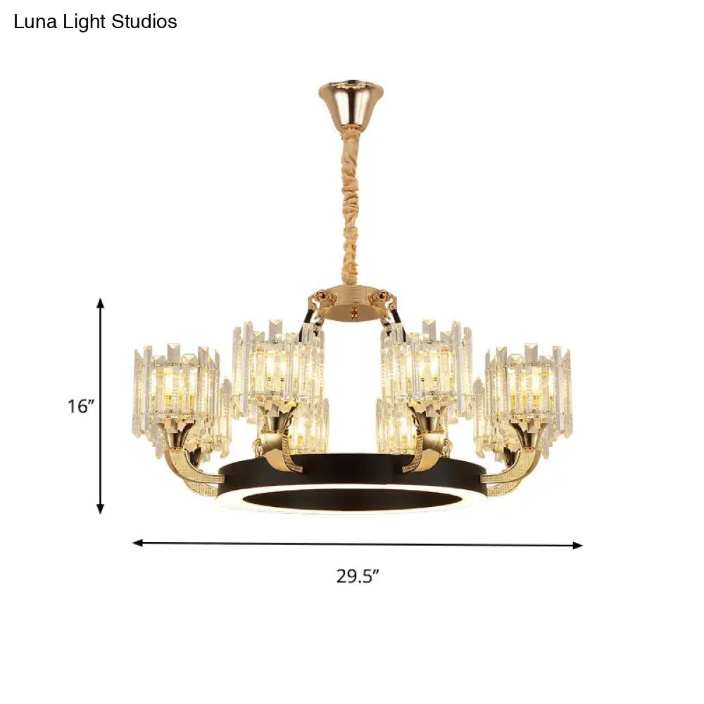 Modern Metal Ring Chandelier With Crystal Shade - 6/8-Bulb Pendant Light For Living Room In Black &