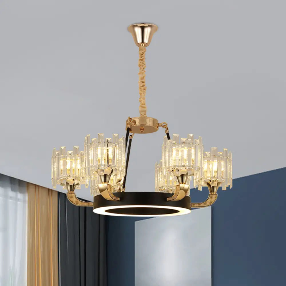 Modern Metal Ring Chandelier With Crystal Shade - 6/8-Bulb Pendant Light For Living Room In Black &