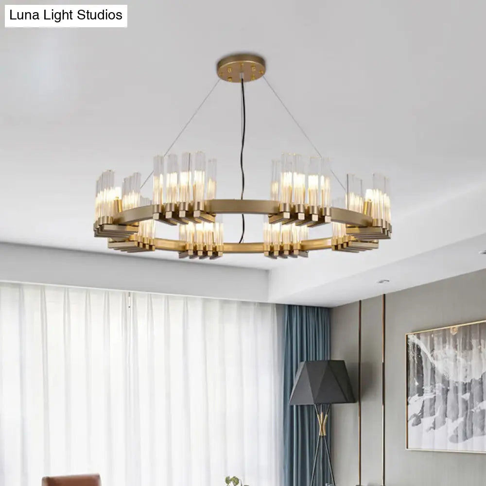 Modern Brass Chandelier With 24 Clear Glass Cylinder Shades