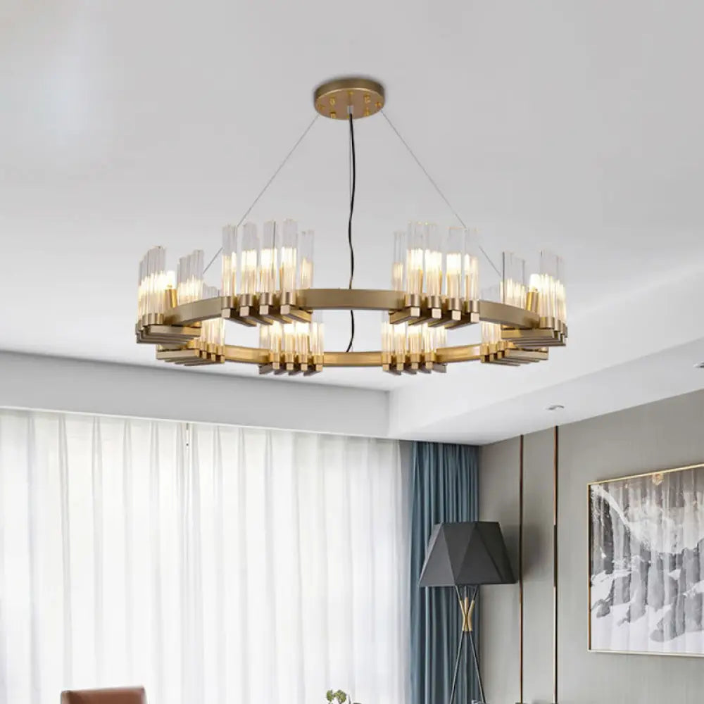 Modern Metal Ring Pendant Light With 24 Lights - Brass Chandelier Lamp Fixture Clear Glass Shade