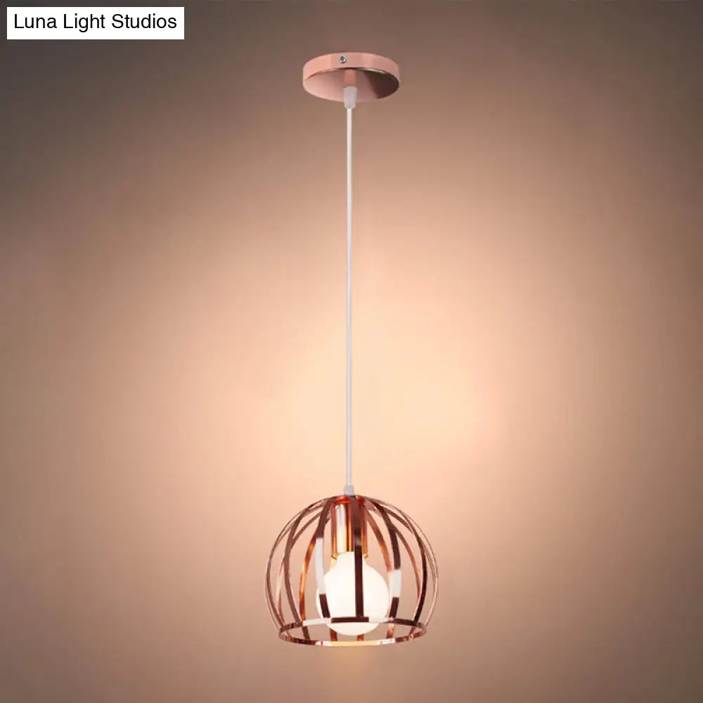 Modern Metal Rose Gold Pendant Lamp With Global Cage Shade - Stylish Retro Fixture For Kitchen