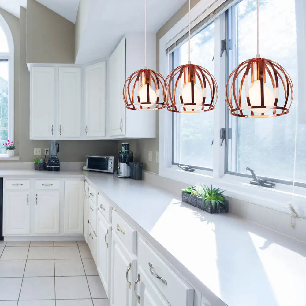 Modern Metal Rose Gold Pendant Lamp With Global Cage Shade - Stylish Retro Fixture For Kitchen