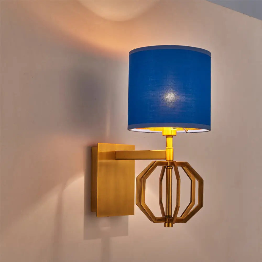 Modern Metal Royal Blue Wall Sconce With Fabric Shade - 1-Light Drum Fixture For Foyer