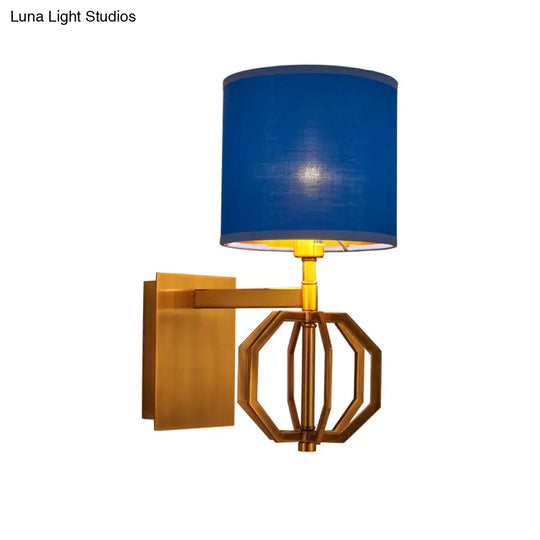 Modern Metal Royal Blue Wall Sconce With Fabric Shade - 1-Light Drum Fixture For Foyer