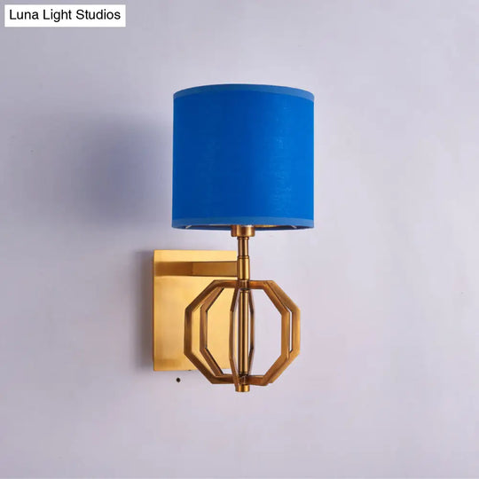 Modern Metal Royal Blue Wall Sconce With Fabric Shade - 1-Light Drum Fixture For Foyer