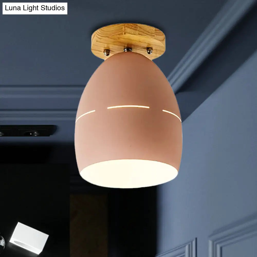 Modern Metal Semi-Flush Ceiling Light - 1 Oval Semi Flush Mount Lighting In Pink/Yellow/Green For