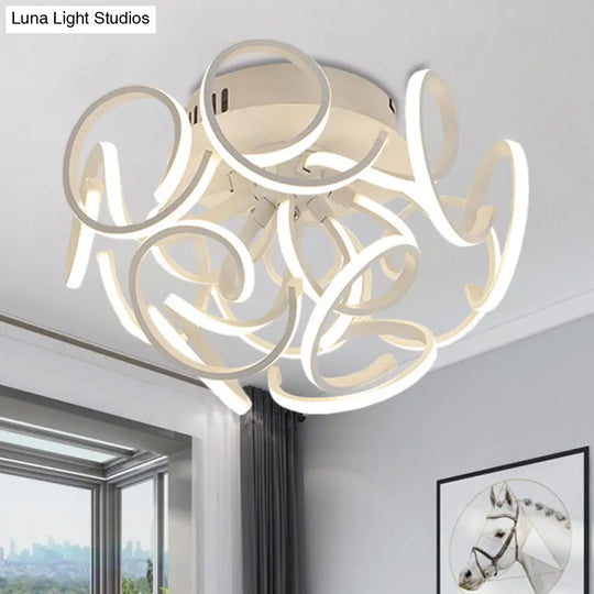 Modern Metal Semi Flush Ceiling Light - Twisted Strip Design 9/12 - Light White Led