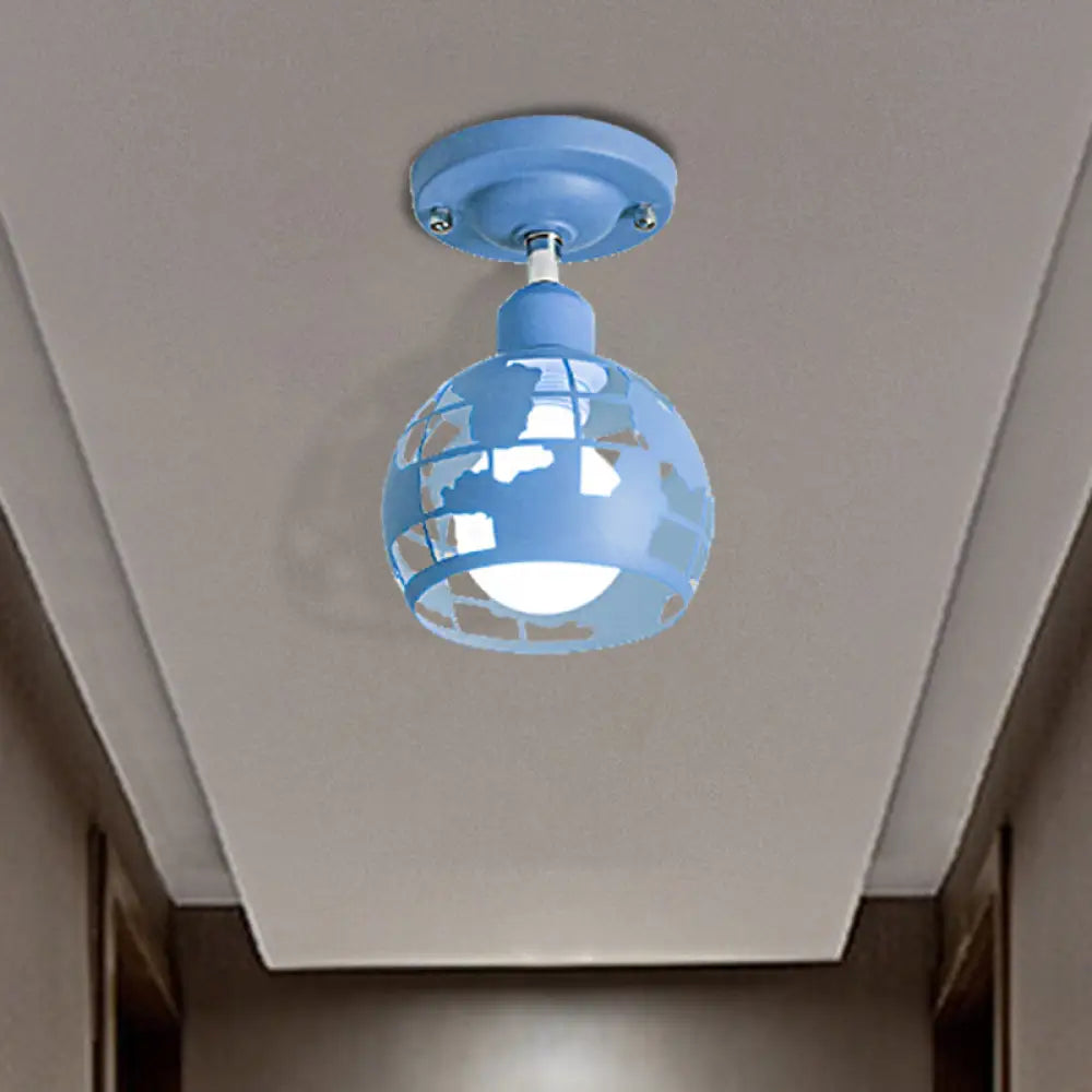 Modern Metal Semi - Flush Light With 1 Head For Hallway - Pink/Yellow/Blue Domed Design Blue