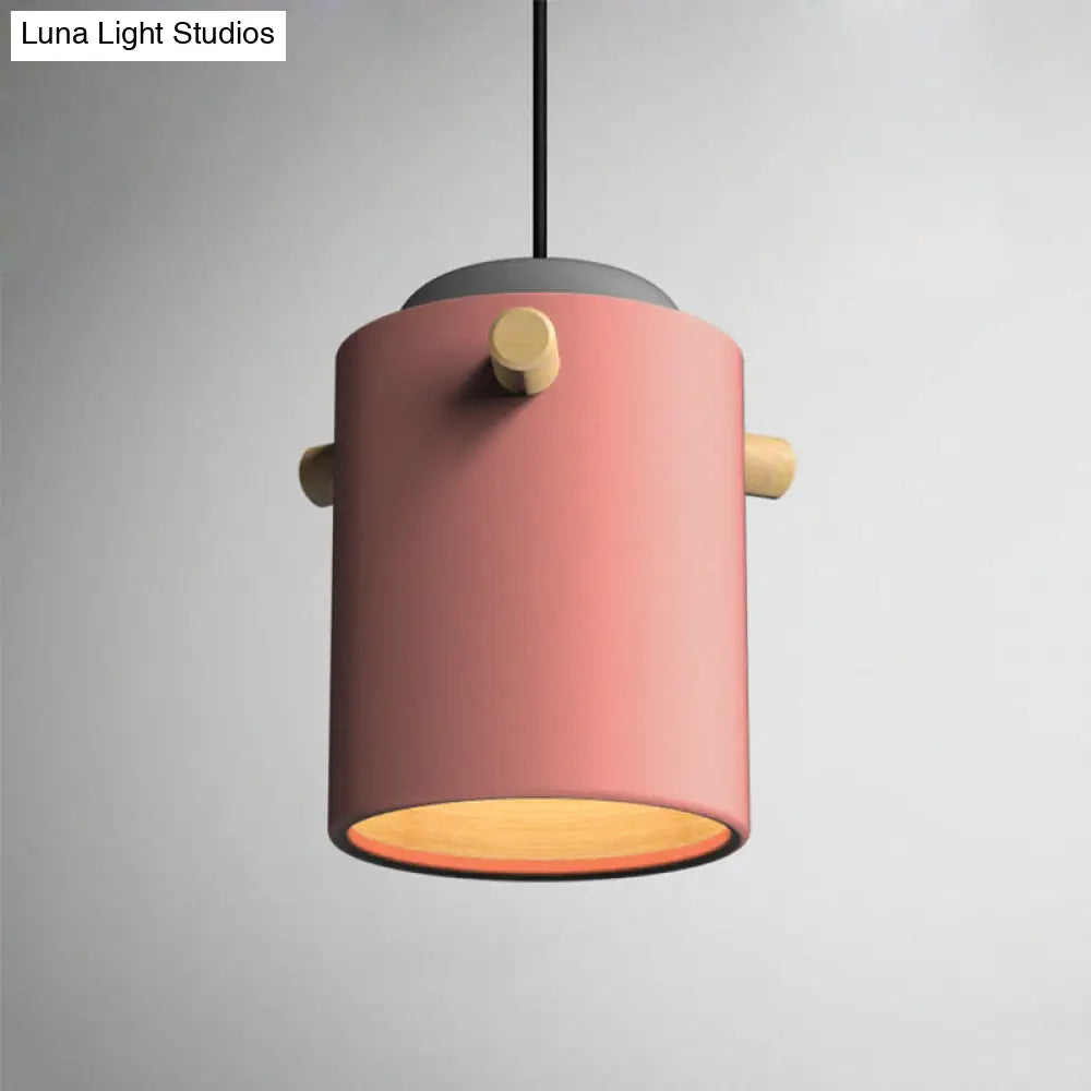 Modern 1 Light Metal Shade Hanging Pendant Green/Pink/White Cylinder Fixture