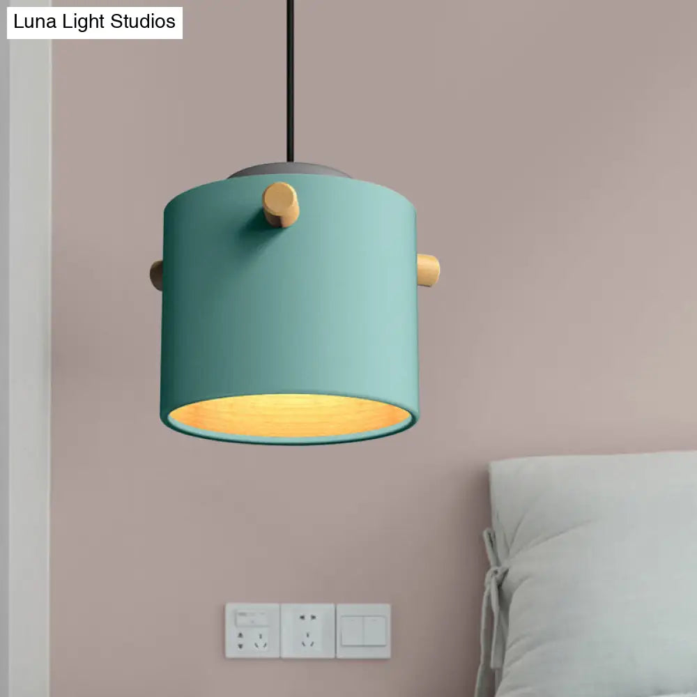 Modern 1 Light Metal Shade Hanging Pendant Green/Pink/White Cylinder Fixture Blue / B