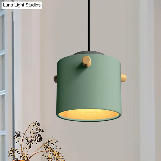 Modern 1 Light Metal Shade Hanging Pendant Green/Pink/White Cylinder Fixture Green / B