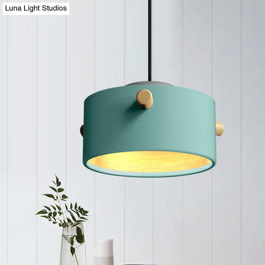 Modern 1 Light Metal Shade Hanging Pendant Green/Pink/White Cylinder Fixture Blue / A