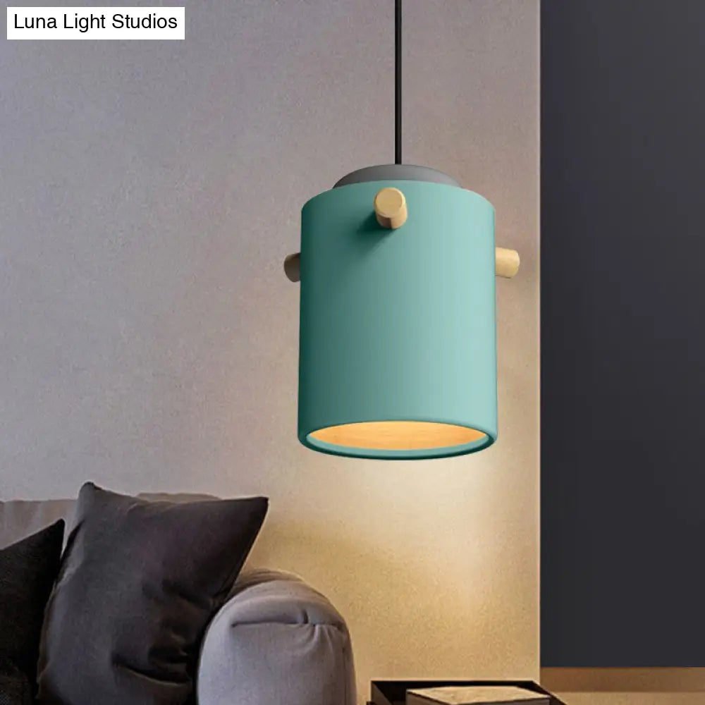 Modern 1 Light Metal Shade Hanging Pendant Green/Pink/White Cylinder Fixture Blue / C