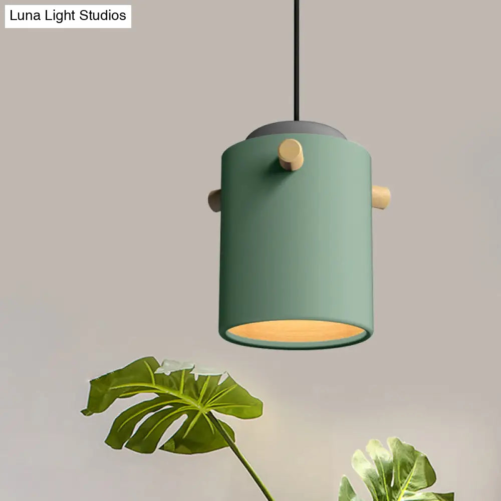 Modern 1 Light Metal Shade Hanging Pendant Green/Pink/White Cylinder Fixture Green / C