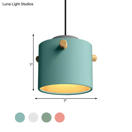 Modern 1 Light Metal Shade Hanging Pendant Green/Pink/White Cylinder Fixture