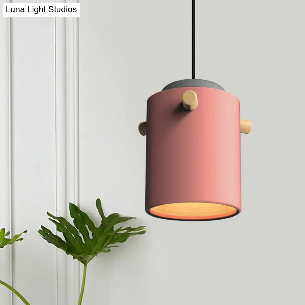 Modern 1 Light Metal Shade Hanging Pendant Green/Pink/White Cylinder Fixture Pink / C