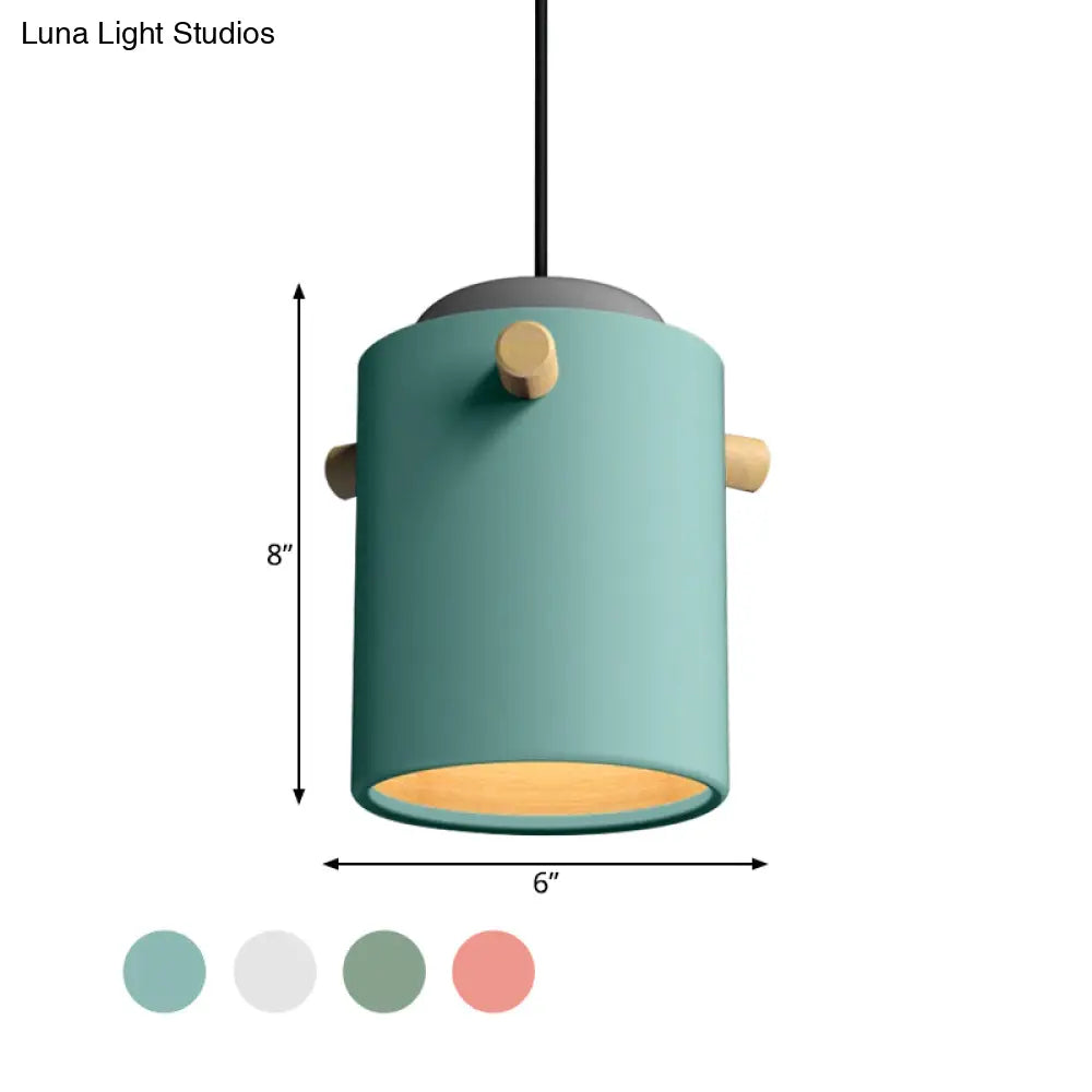 Modern 1 Light Metal Shade Hanging Pendant Green/Pink/White Cylinder Fixture