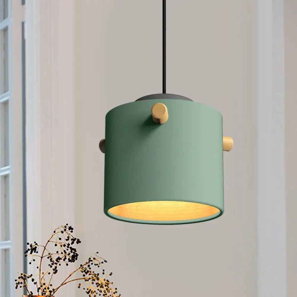 Modern Metal Shade Cylinder Pendant Light Fixture - Green/Pink/White Hanging Lighting Green / B