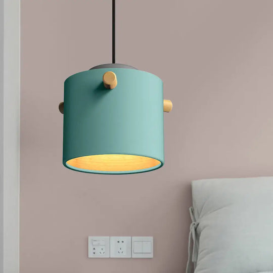 Modern Metal Shade Cylinder Pendant Light Fixture - Green/Pink/White Hanging Lighting Blue / B