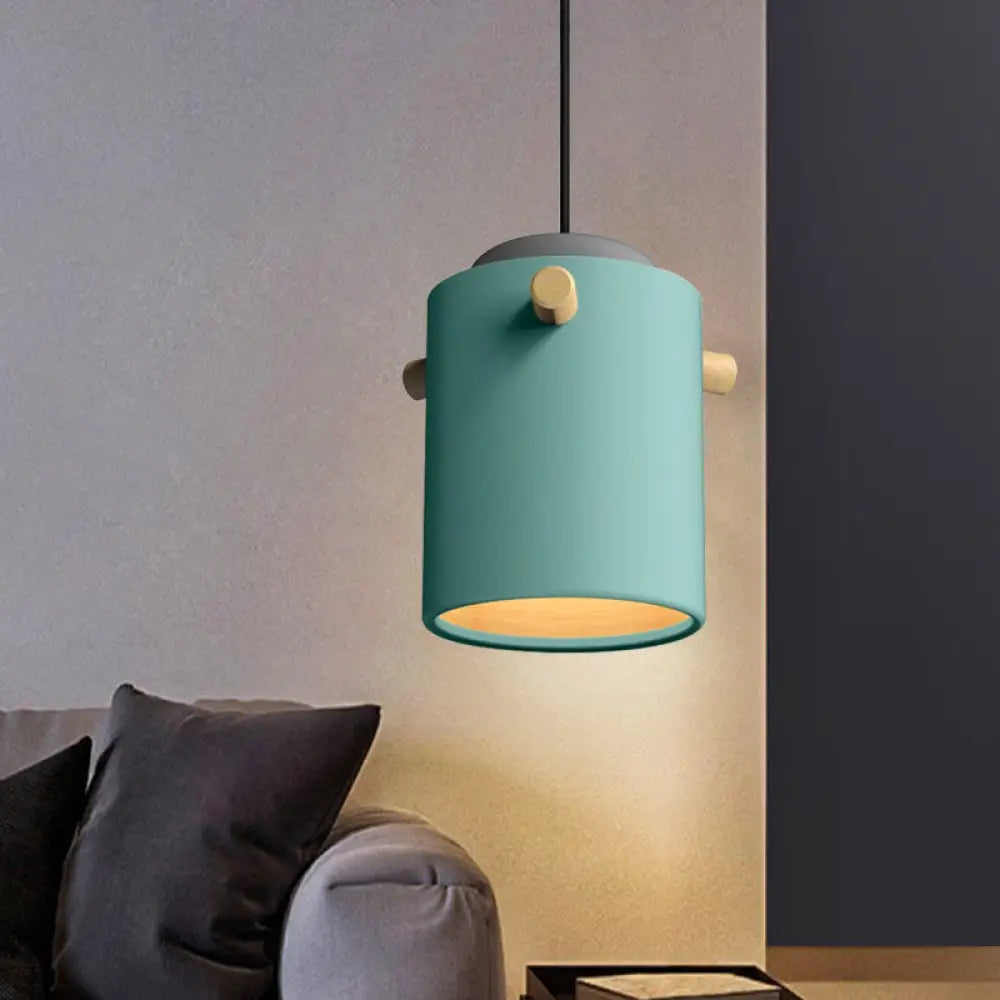 Modern Metal Shade Cylinder Pendant Light Fixture - Green/Pink/White Hanging Lighting Blue / C