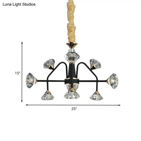 Modern Metal Sputnik Bedroom Chandelier With Diamond Crystal Shade - 9 Bulbs Black Pendant Light