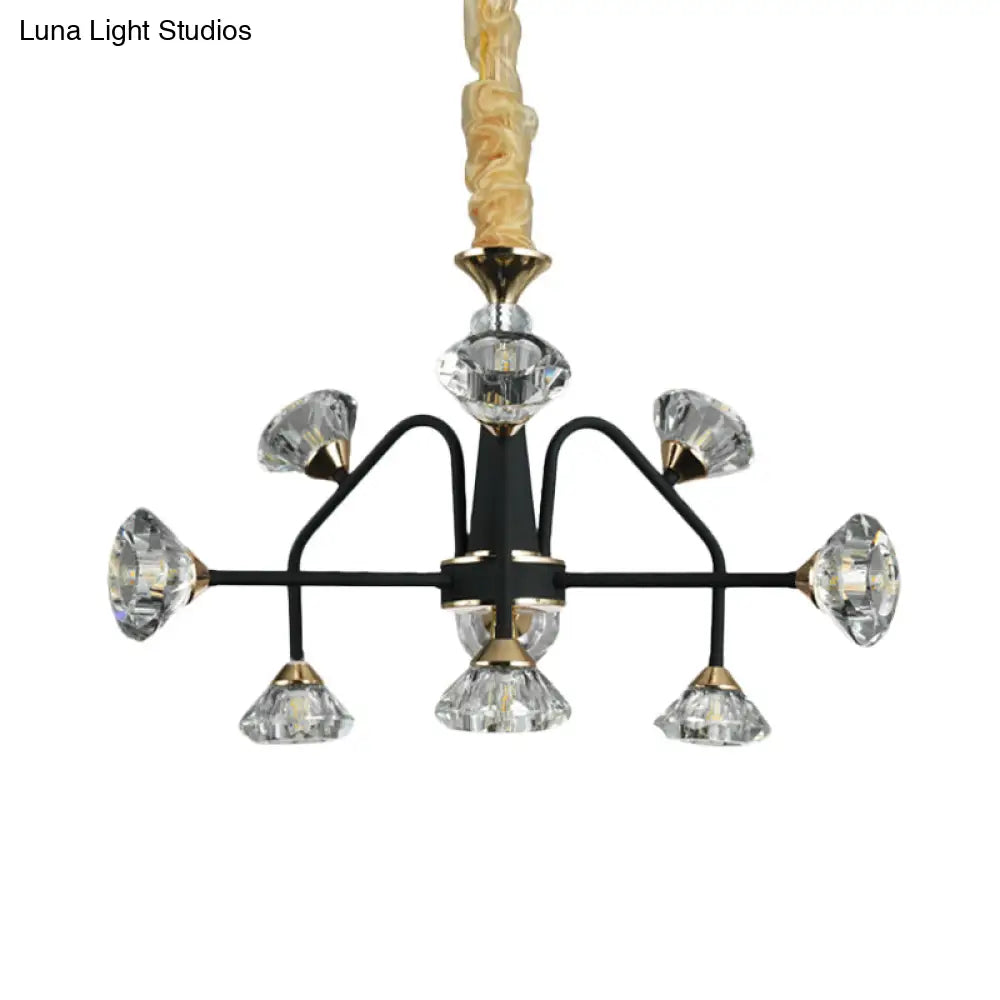 Modern Sputnik Chandelier With Diamond Crystal Shade And 9 Black Metal Bulbs