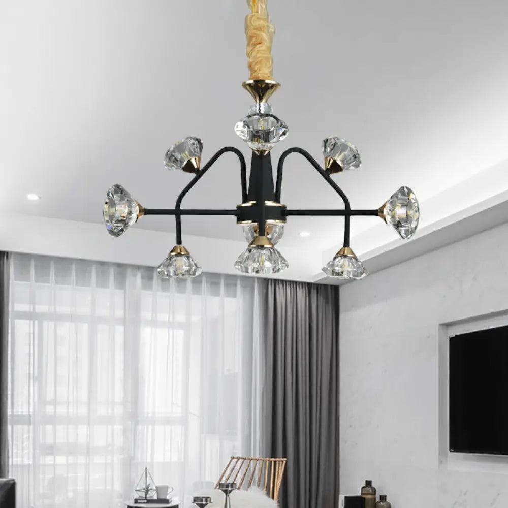 Modern Metal Sputnik Bedroom Chandelier With Diamond Crystal Shade - 9 Bulbs Black Pendant Light