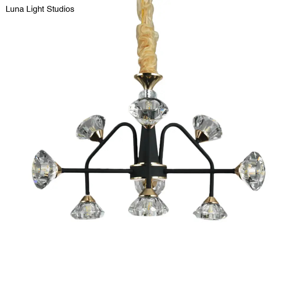 Modern Metal Sputnik Bedroom Chandelier With Diamond Crystal Shade - 9 Bulbs Black Pendant Light