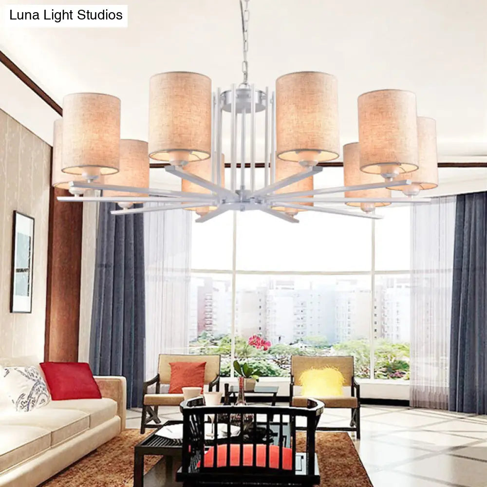 White Metal Sputnik Chandelier With Cylinder Fabric Shade - Modern Lighting For Ceiling (6/8 Heads)