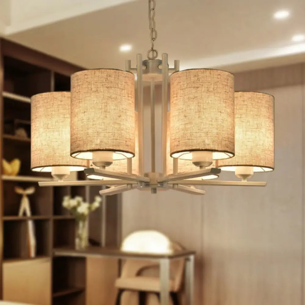 Modern Metal Sputnik Chandelier With White Finish And Cylinder Fabric Shade - 6/8 Heads Hanging