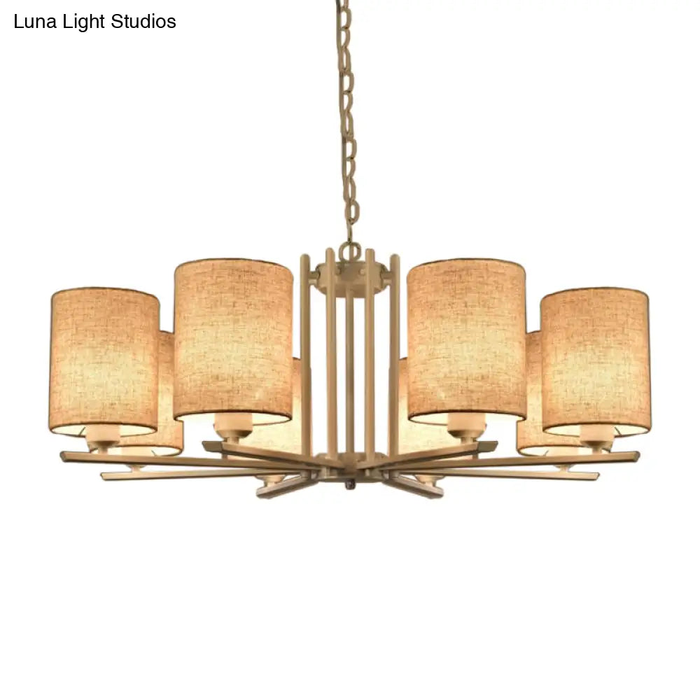 Modern Metal Sputnik Chandelier With White Finish And Cylinder Fabric Shade - 6/8 Heads Hanging