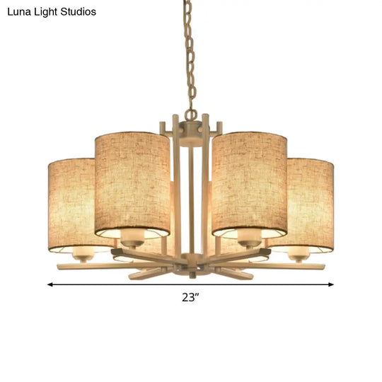 Modern Metal Sputnik Chandelier With White Finish And Cylinder Fabric Shade - 6/8 Heads Hanging