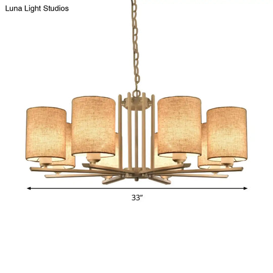 Modern Metal Sputnik Chandelier With White Finish And Cylinder Fabric Shade - 6/8 Heads Hanging