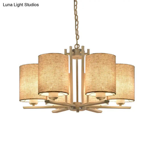 Modern Metal Sputnik Chandelier With White Finish And Cylinder Fabric Shade - 6/8 Heads Hanging