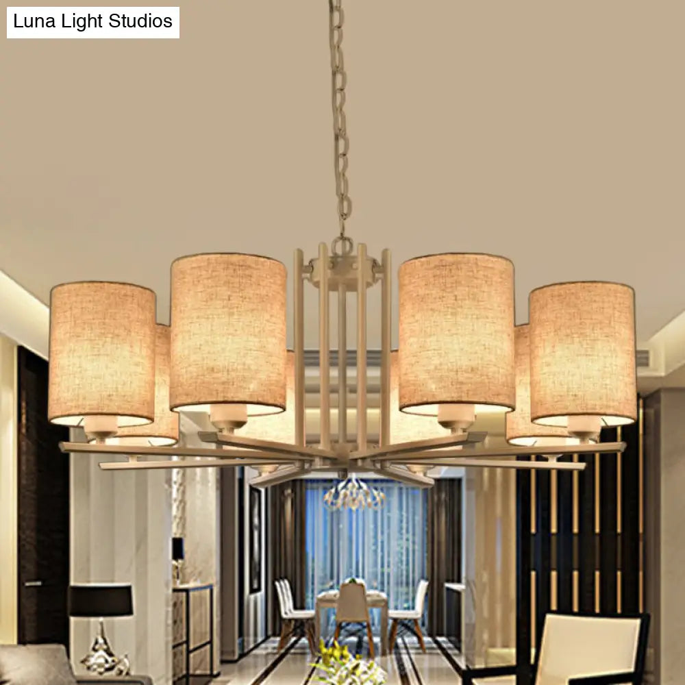 Modern Metal Sputnik Chandelier With White Finish And Cylinder Fabric Shade - 6/8 Heads Hanging