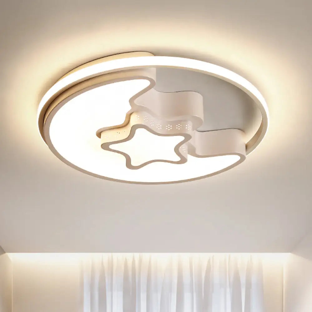 Modern Metal Star And Moon Flush Mount Ceiling Light – White Etched Finish For Foyer /