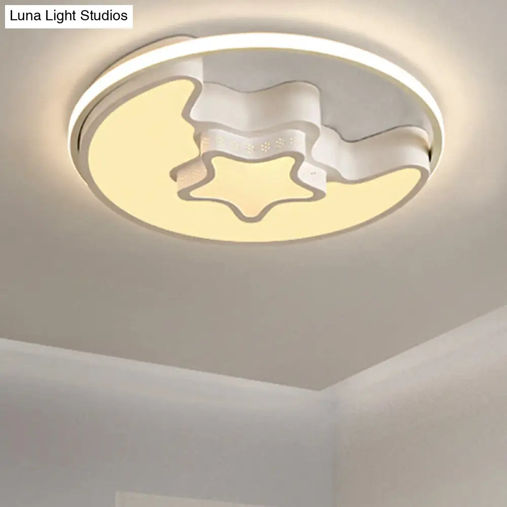 Modern Metal Star And Moon Flush Mount Ceiling Light White Etched Finish For Foyer / Warm