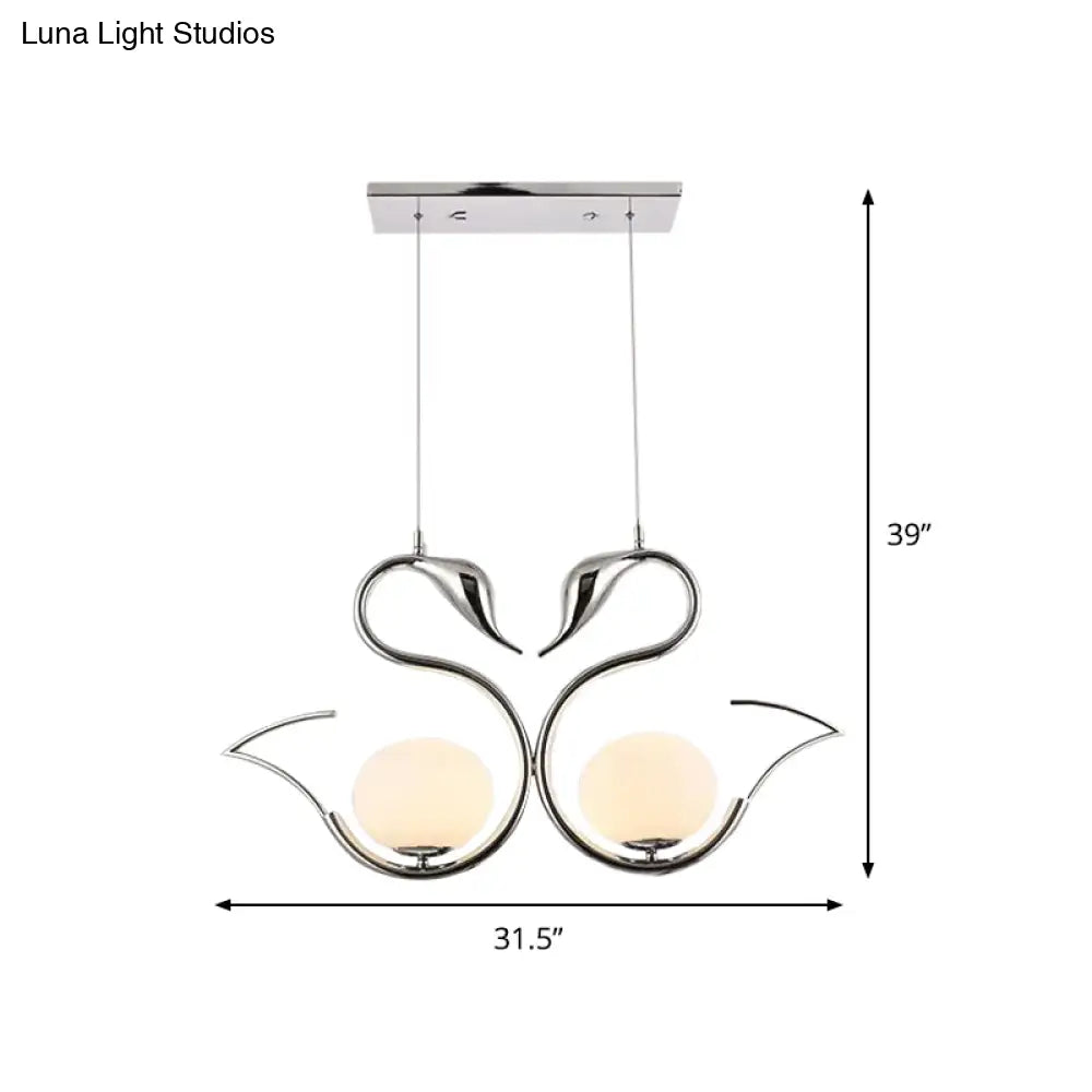 Modern Metal Swan Shape Pendant Light With Orb White Frosted Glass Shade - 2-Light Chrome