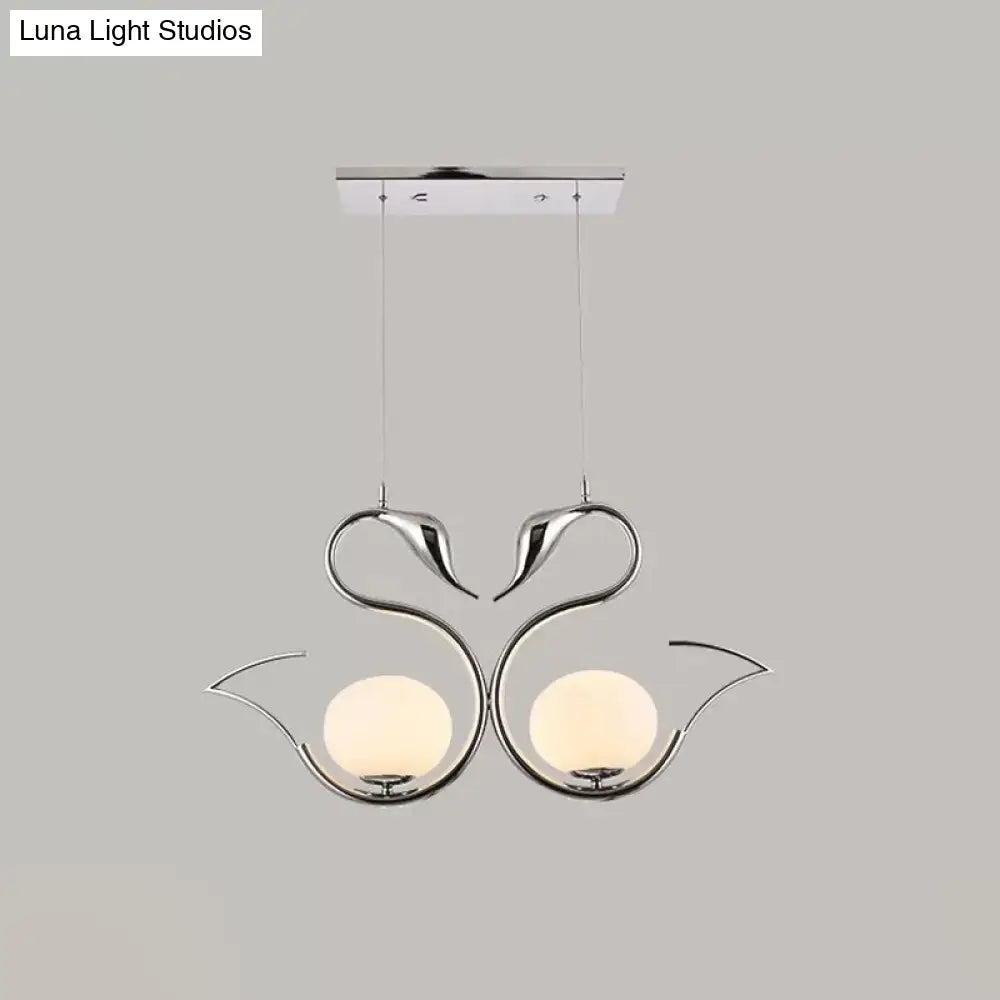 Modern Metal Swan Shape Pendant Light With Orb White Frosted Glass Shade - 2-Light Chrome