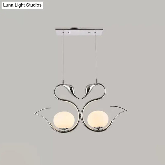 Modern Metal Swan Shape Pendant Light With Orb White Frosted Glass Shade - 2-Light Chrome