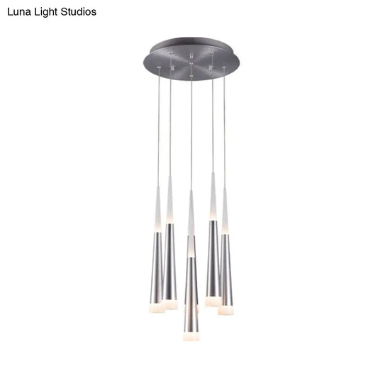 Modern Tapered Hanging Lamp With 5/6 Silver Metal Heads - Stylish Pendant Light For Dining Room In