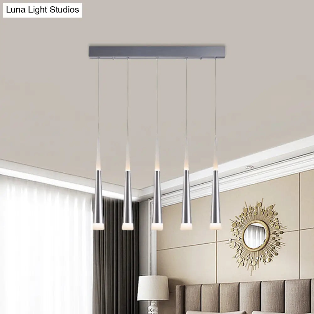 Modern Tapered Hanging Lamp With 5/6 Silver Metal Heads - Stylish Pendant Light For Dining Room In