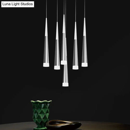 Modern Tapered Hanging Lamp With 5/6 Silver Metal Heads - Stylish Pendant Light For Dining Room In