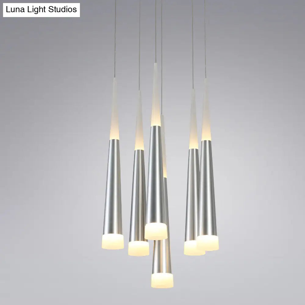 Modern Tapered Hanging Lamp With 5/6 Silver Metal Heads - Stylish Pendant Light For Dining Room In