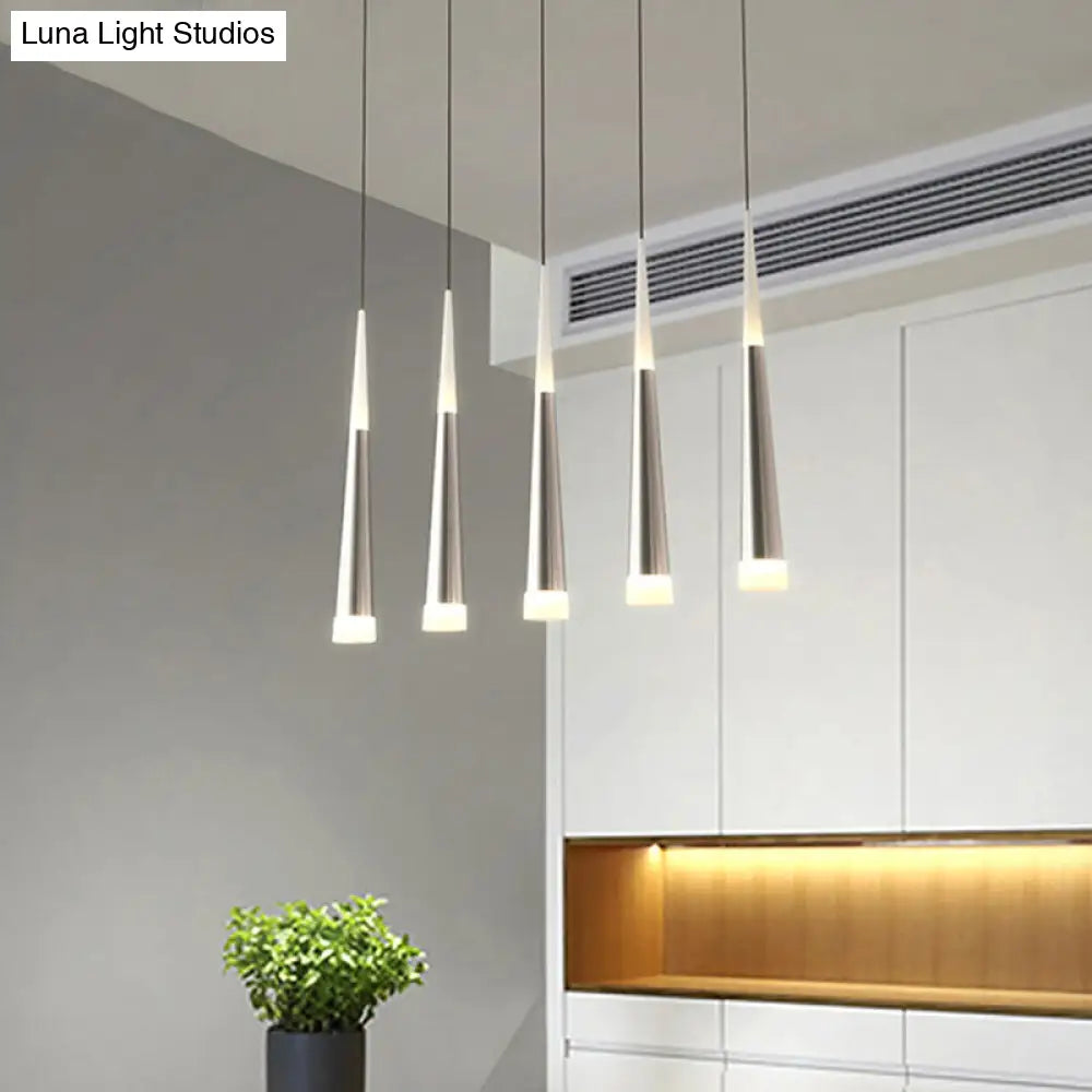 Modern Tapered Hanging Lamp With 5/6 Silver Metal Heads - Stylish Pendant Light For Dining Room In