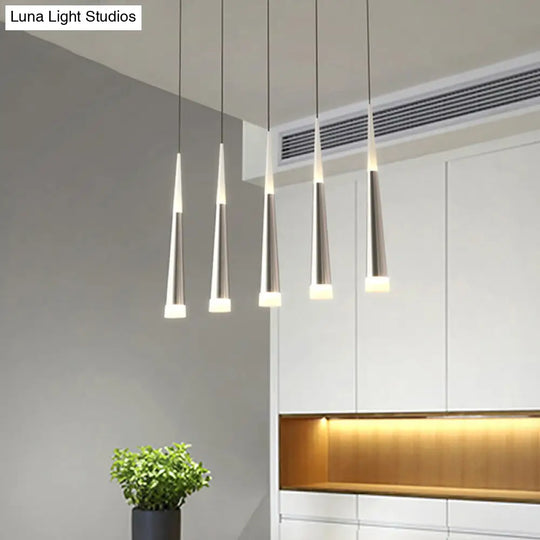 Modern Metal Tapered Hanging Lamp With Silver Pendant Light - 5/6 Heads For Dining Room In