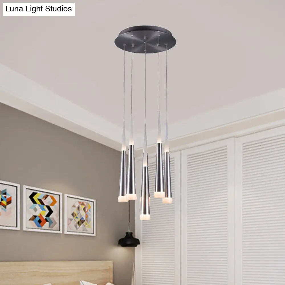 Modern Tapered Hanging Lamp With 5/6 Silver Metal Heads - Stylish Pendant Light For Dining Room In