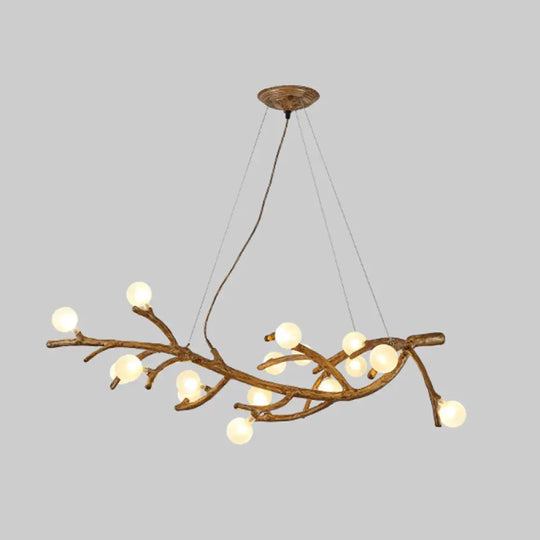 Modern Metal Tree Branch Island Lighting Fixture With Art Deco Wood Suspension And Acrylic Ball